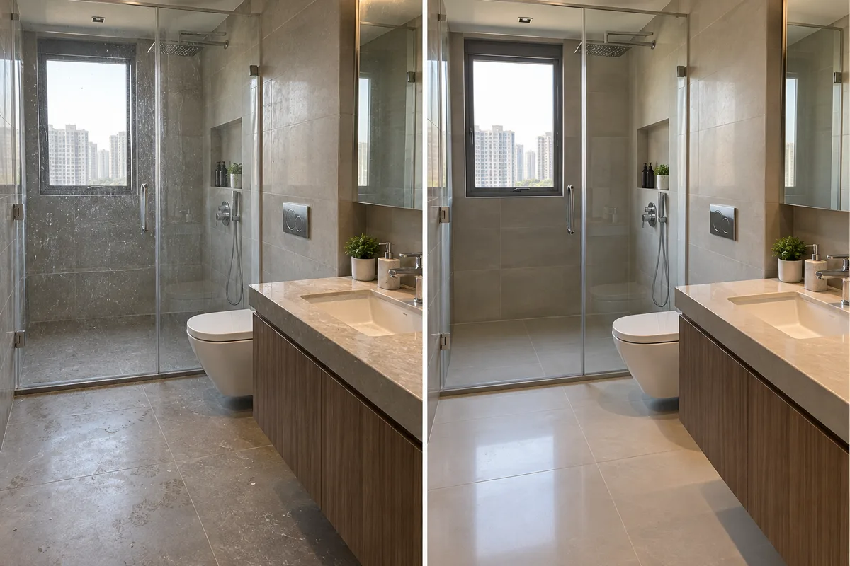 Illustrative split comparison of a bathroom before and after cleaning