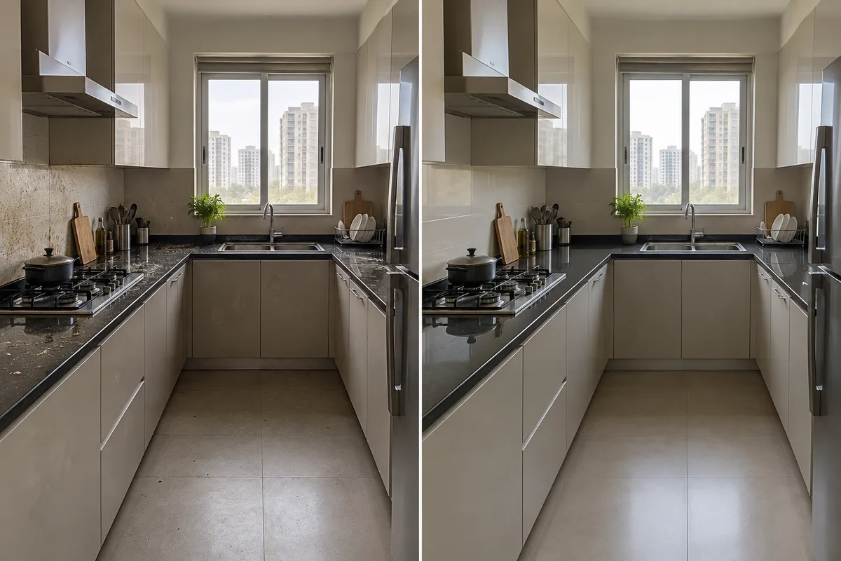 Illustrative split comparison of a kitchen before and after cleaning